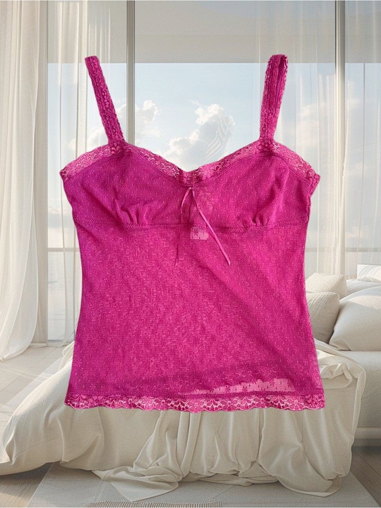American Vintage Tops - Vintage Y2K Milkmaid Ribbon Babydoll Lace Cami Tank Top Drak Pink See Through